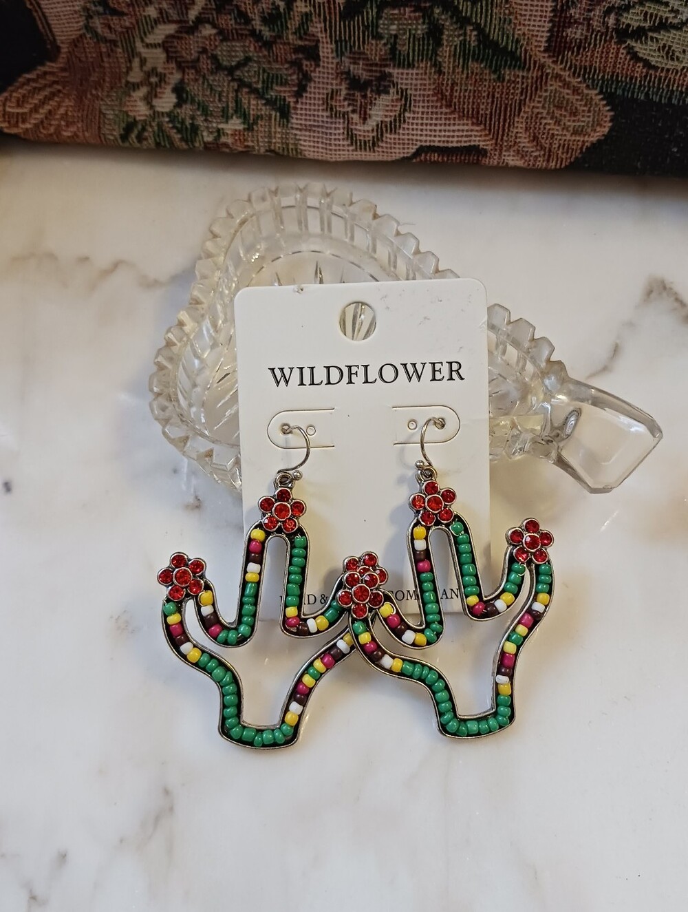 NWT Wildflower Cactus Earrings, Rhinestone Blooms, Gift Box